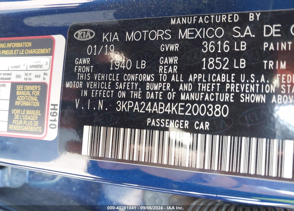 2019 KIA RIO S VIN: 3KPA24AB4KE200380