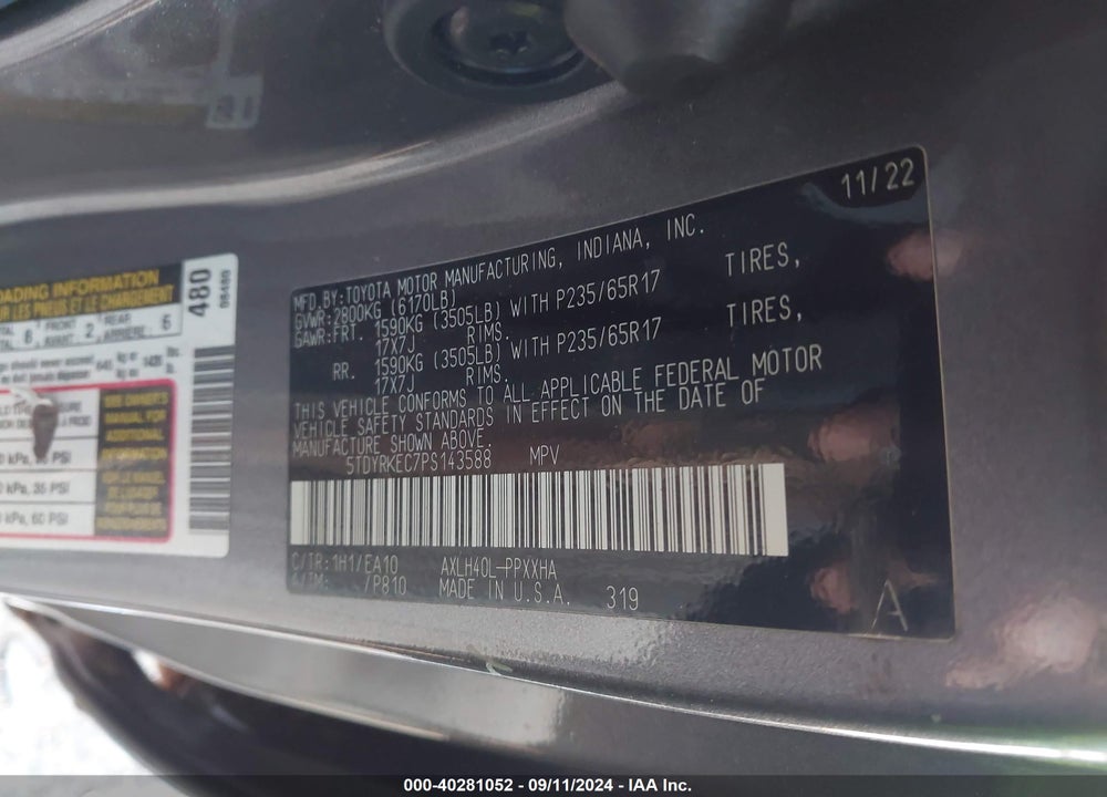 2023 TOYOTA SIENNA XLE VIN: 5TDYRKEC7PS143588
