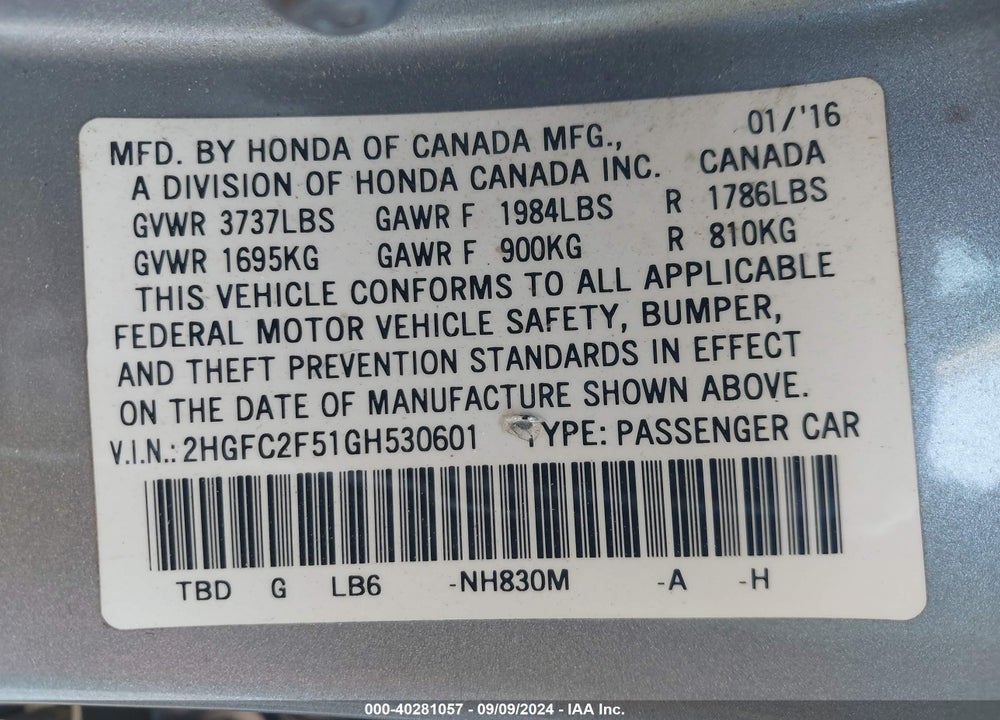 2016 HONDA CIVIC LX VIN: 2HGFC2F51GH530601