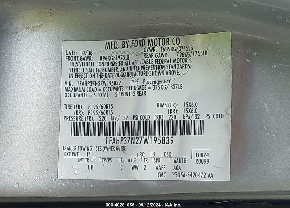 2007 FORD FOCUS S/SE/SES VIN: 1FAHP37N27W195839