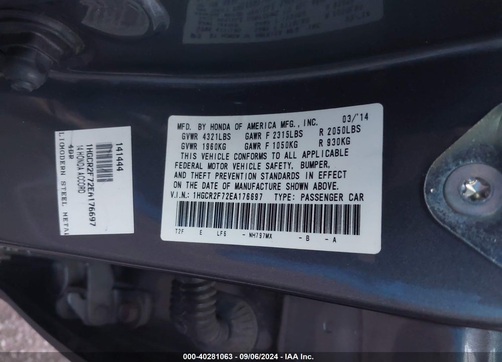 2014 HONDA ACCORD EX VIN: 1HGCR2F72EA176697