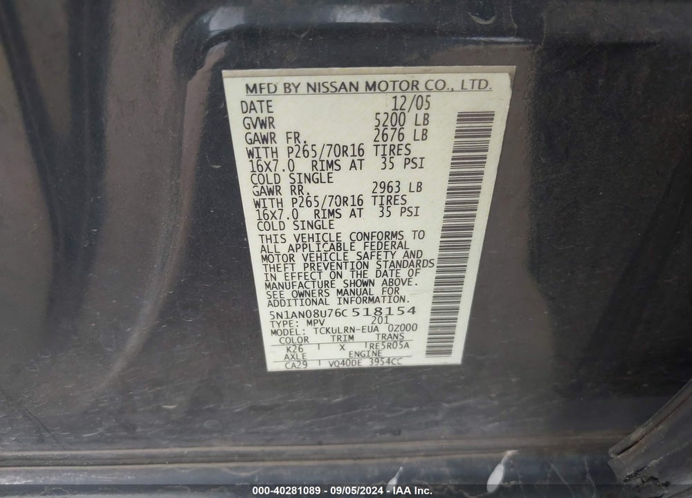 2006 NISSAN XTERRA S VIN: 5N1AN08U76C518154
