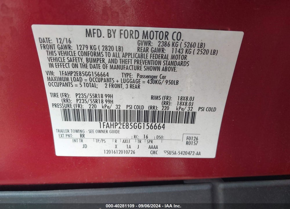 2016 FORD TAURUS SEL VIN: 1FAHP2E85GG156664
