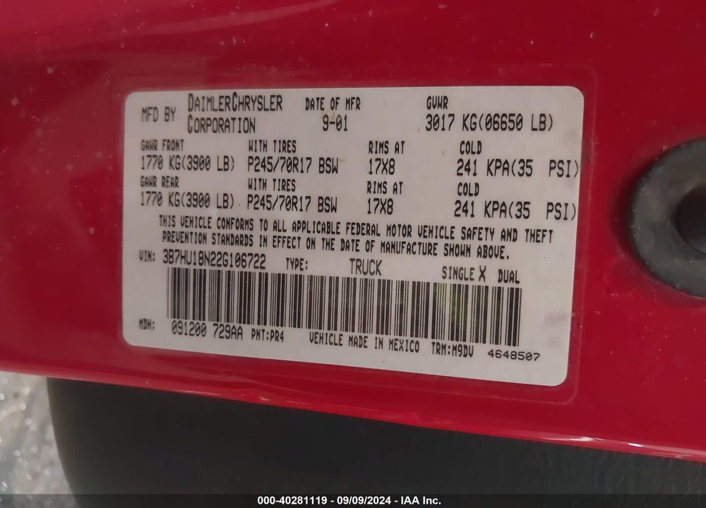 2002 DODGE RAM 1500 ST VIN: 3B7HU18N22G106722