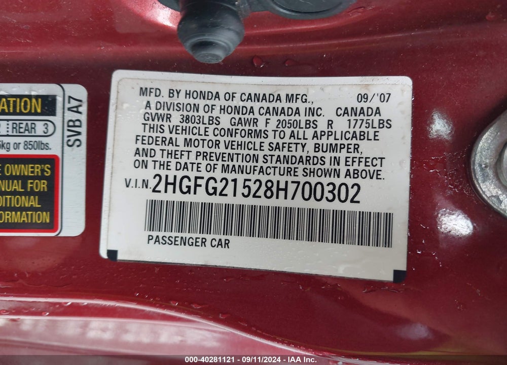 2008 HONDA CIVIC VIN: 2HGFG21528H700302