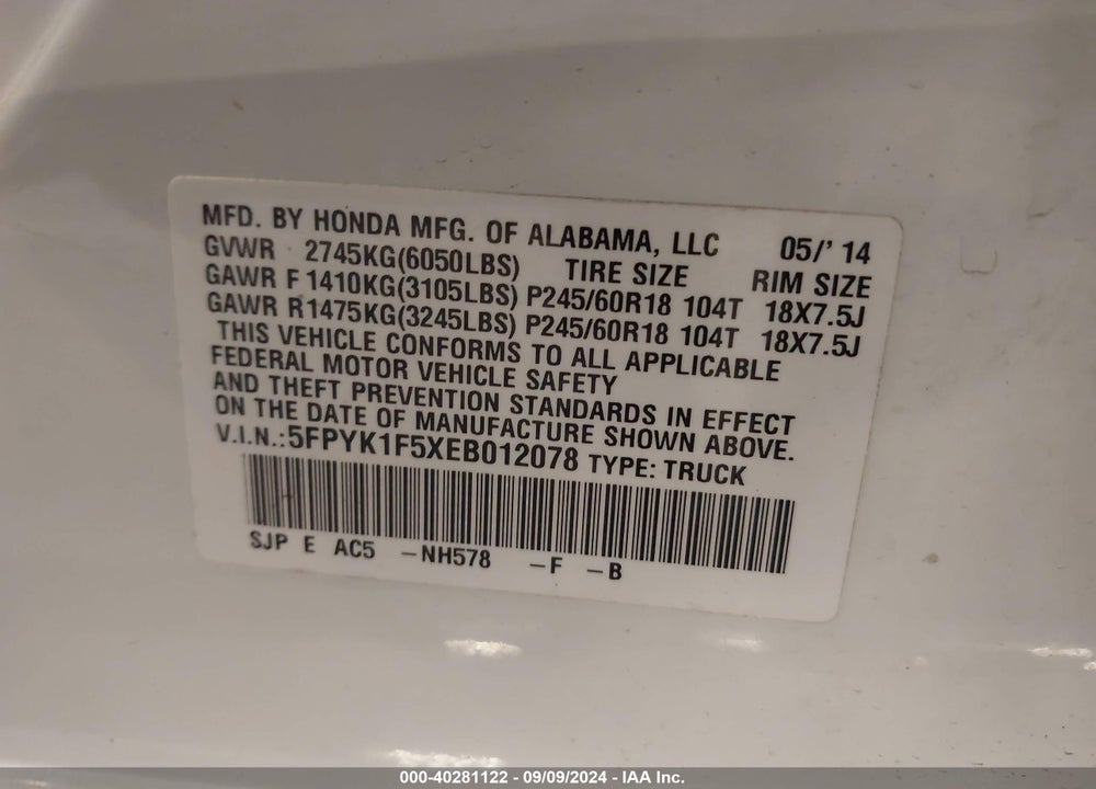 2014 HONDA RIDGELINE RTL VIN: 5FPYK1F5XEB012078