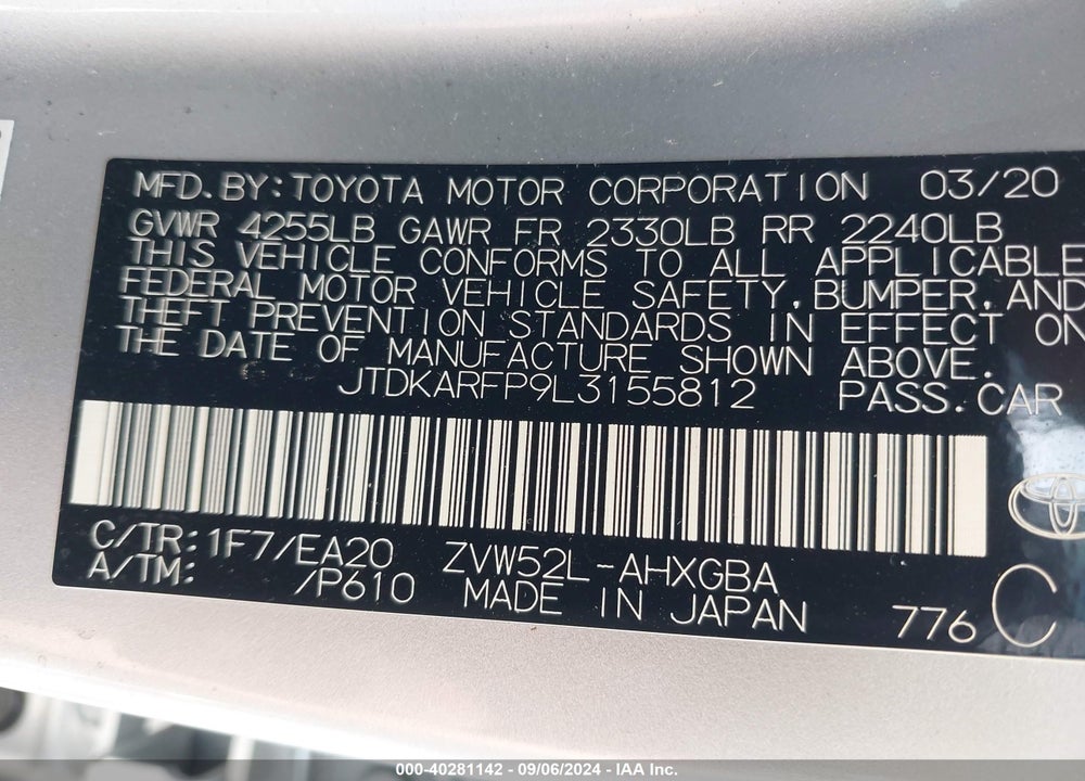 2020 TOYOTA PRIUS PRIME LIMITED VIN: JTDKARFP9L3155812