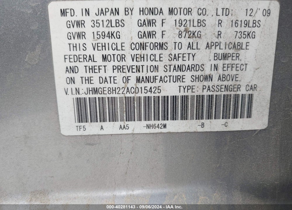 2010 HONDA FIT VIN: JHMGE8H22AC015425