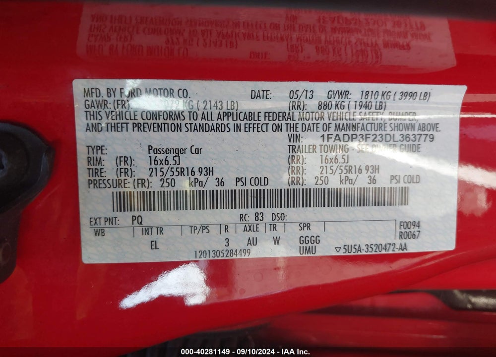 2013 FORD FOCUS SE VIN: 1FADP3F23DL363779