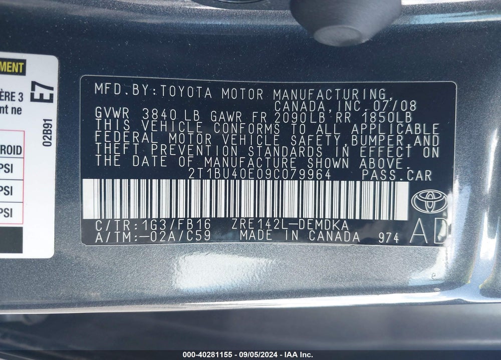 2009 TOYOTA COROLLA VIN: 2T1BU40E09C079964