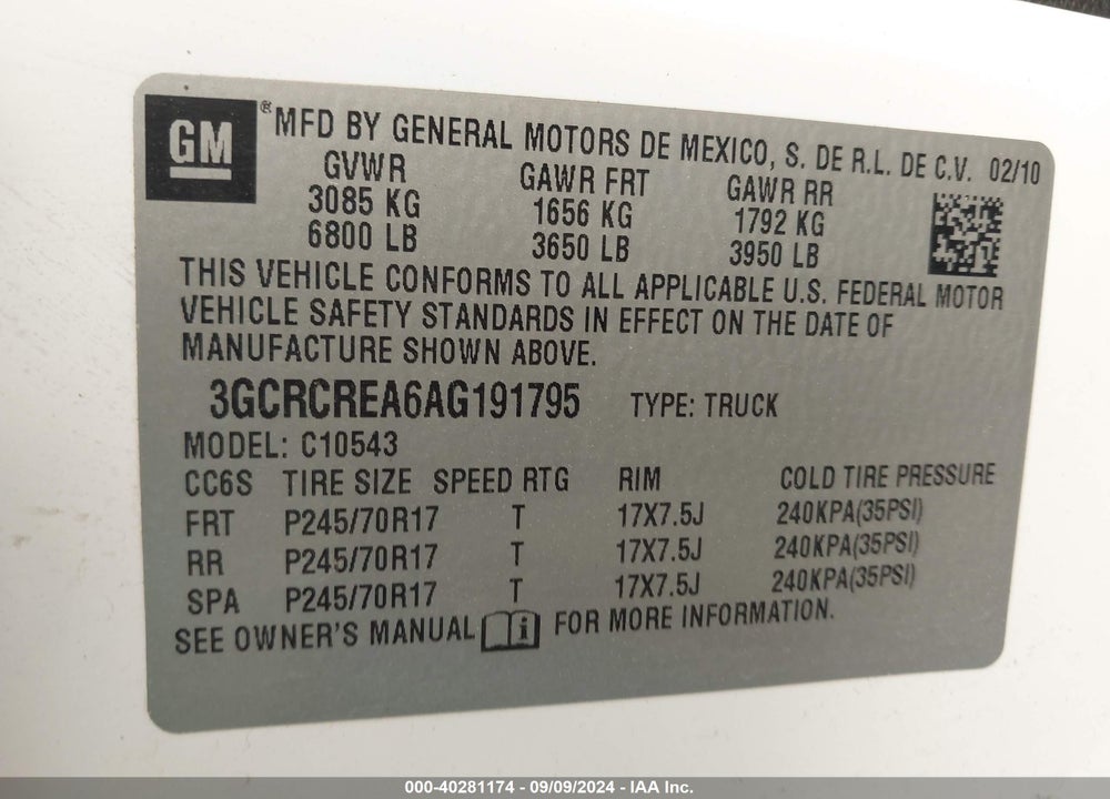 2010 CHEVROLET SILVERADO 1500 LS VIN: 3GCRCREA6AG191795