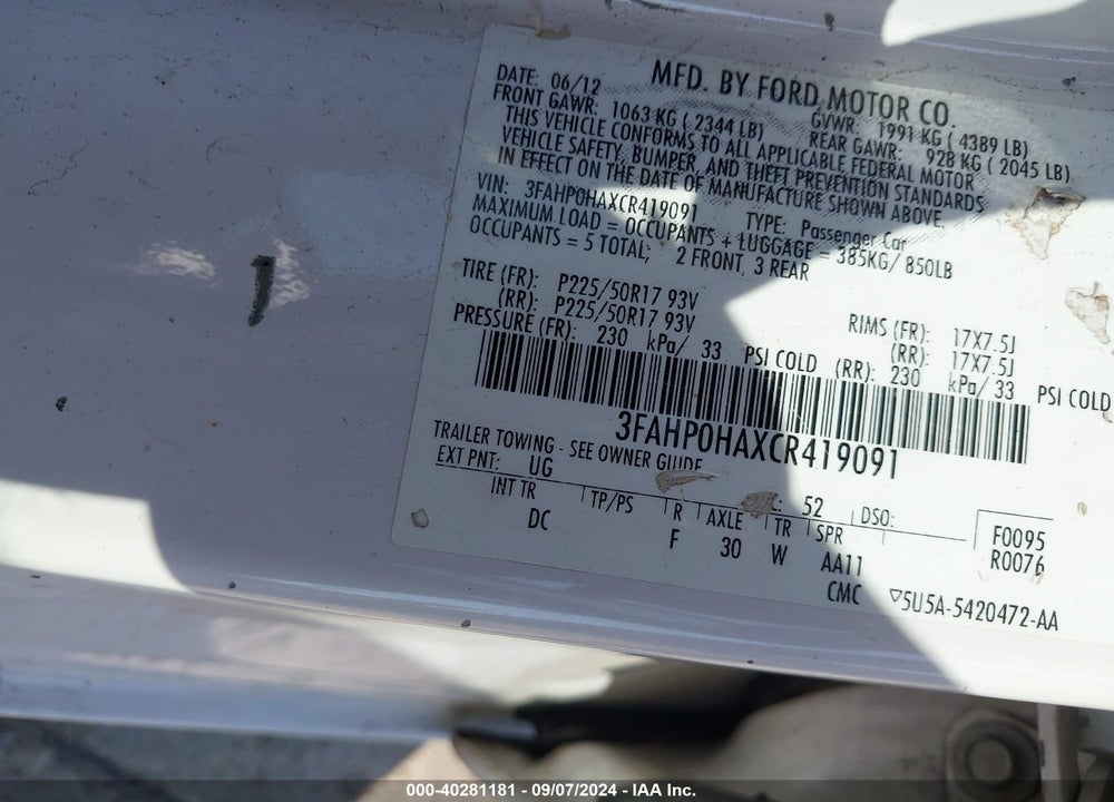 2012 FORD FUSION SE VIN: 3FAHP0HAXCR419091