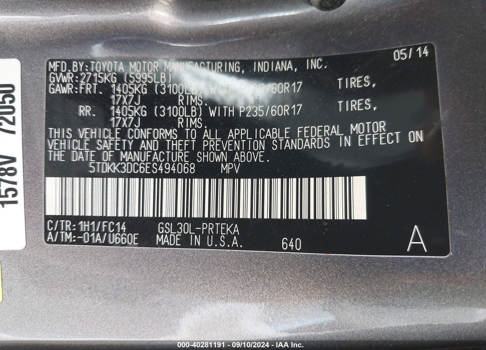 2014 TOYOTA SIENNA LE V6 8 PASSENGER VIN: 5TDKK3DC6ES494068