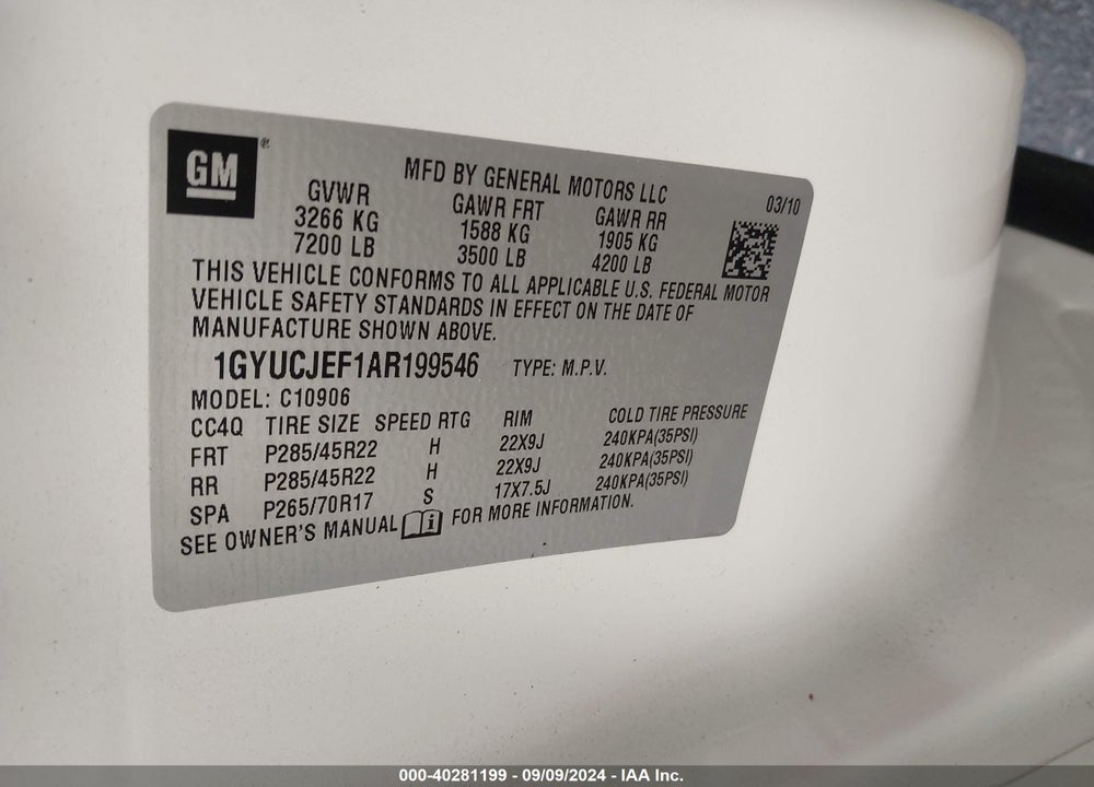 2010 CADILLAC ESCALADE ESV PREMIUM VIN: 1GYUCJEF1AR199546