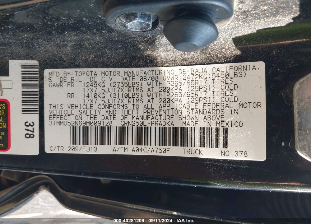 2009 TOYOTA TACOMA BASE V6 VIN: 3TMMU52N69M009128