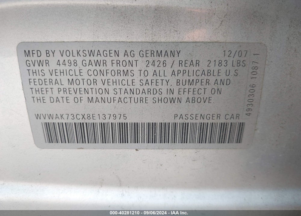 2008 VOLKSWAGEN PASSAT KOMFORT VIN: WVWAK73CX8E137975
