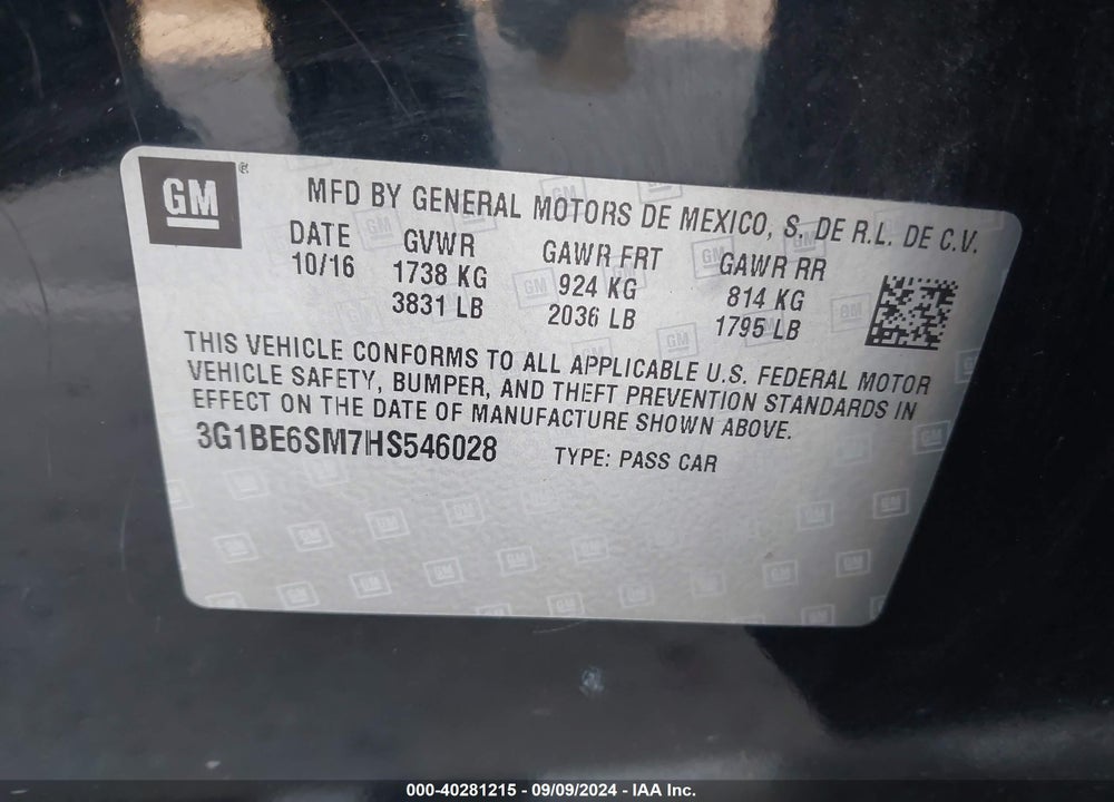 2017 CHEVROLET CRUZE LT AUTO VIN: 3G1BE6SM7HS546028