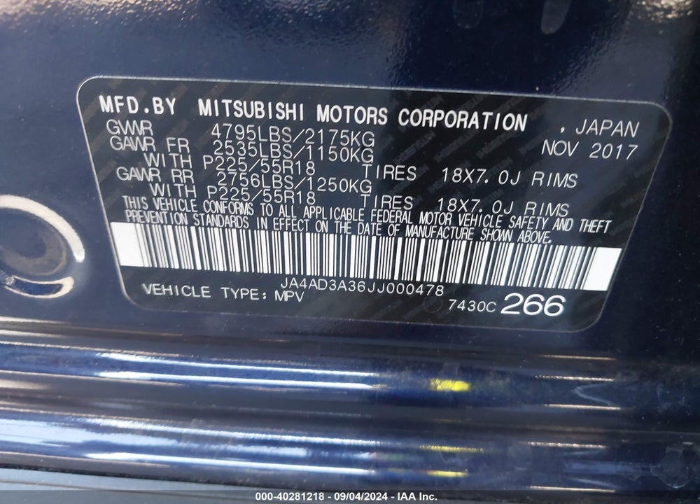 2018 MITSUBISHI OUTLANDER SE VIN: JA4AD3A36JJ000478