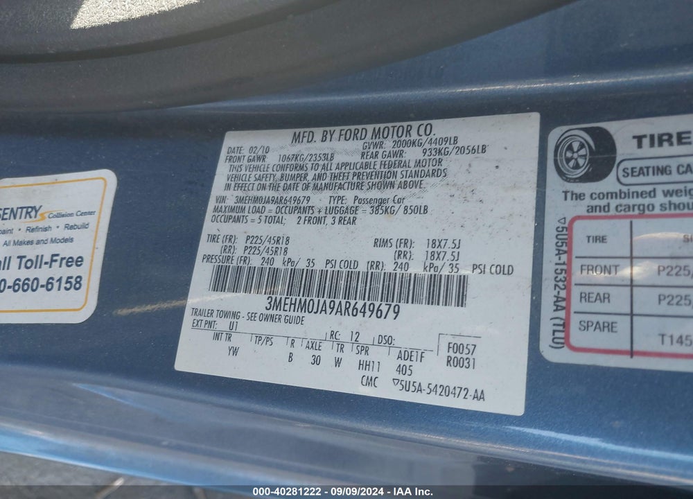 2010 MERCURY MILAN PREMIER VIN: 3MEHM0JA9AR649679