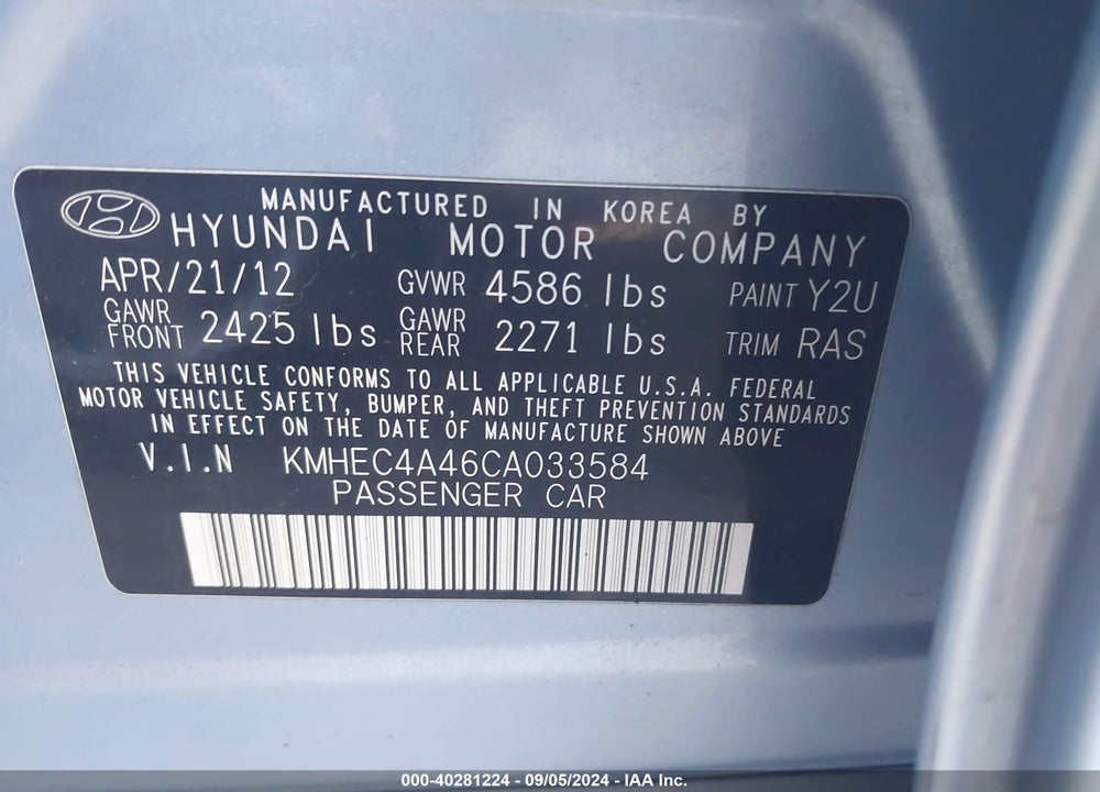 2012 HYUNDAI SONATA HYBRID VIN: KMHEC4A46CA033584