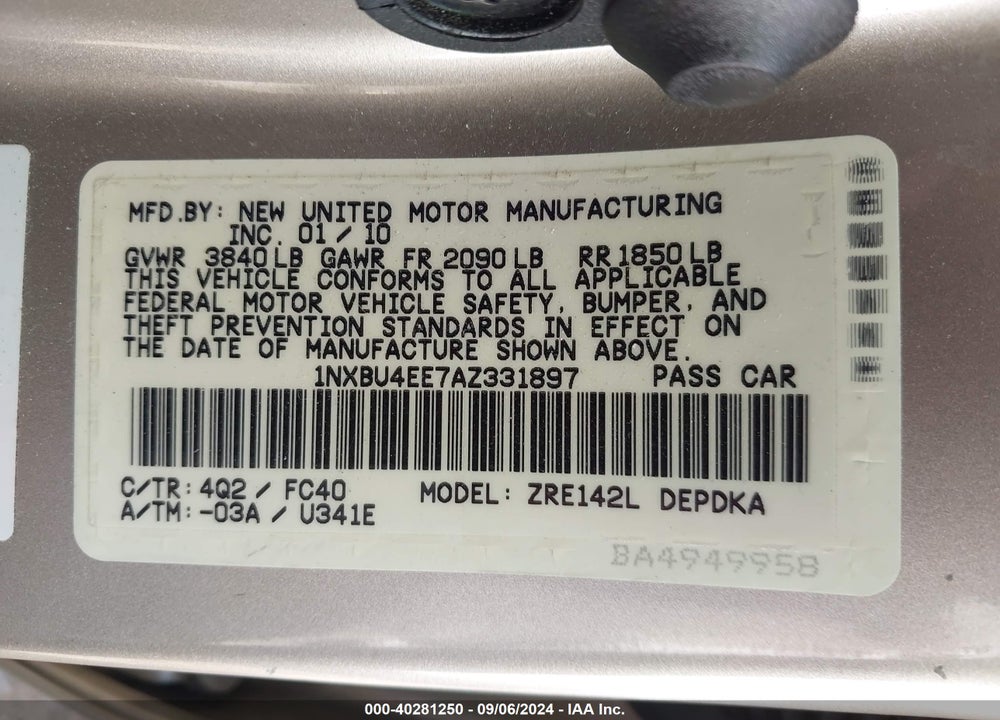 2010 TOYOTA COROLLA LE VIN: 1NXBU4EE7AZ331897