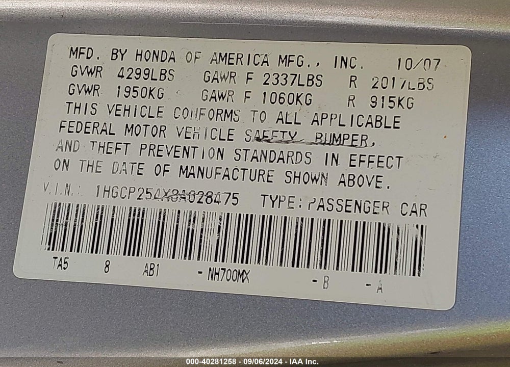 2008 HONDA ACCORD 2.4 LX-P VIN: 1HGCP254X8A028475