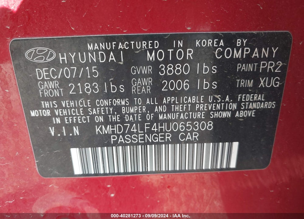 2017 HYUNDAI ELANTRA SE VIN: KMHD74LF4HU065308