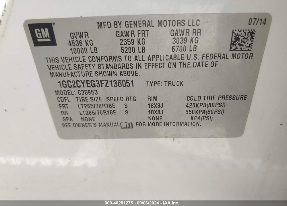2015 CHEVROLET SILVERADO 3500HD WT VIN: 1GC2CYEG3FZ136051