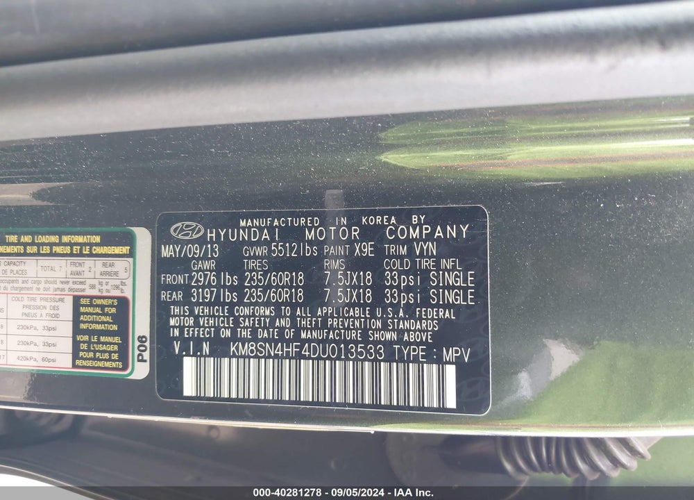 2013 HYUNDAI SANTA FE GLS VIN: KM8SN4HF4DU013533