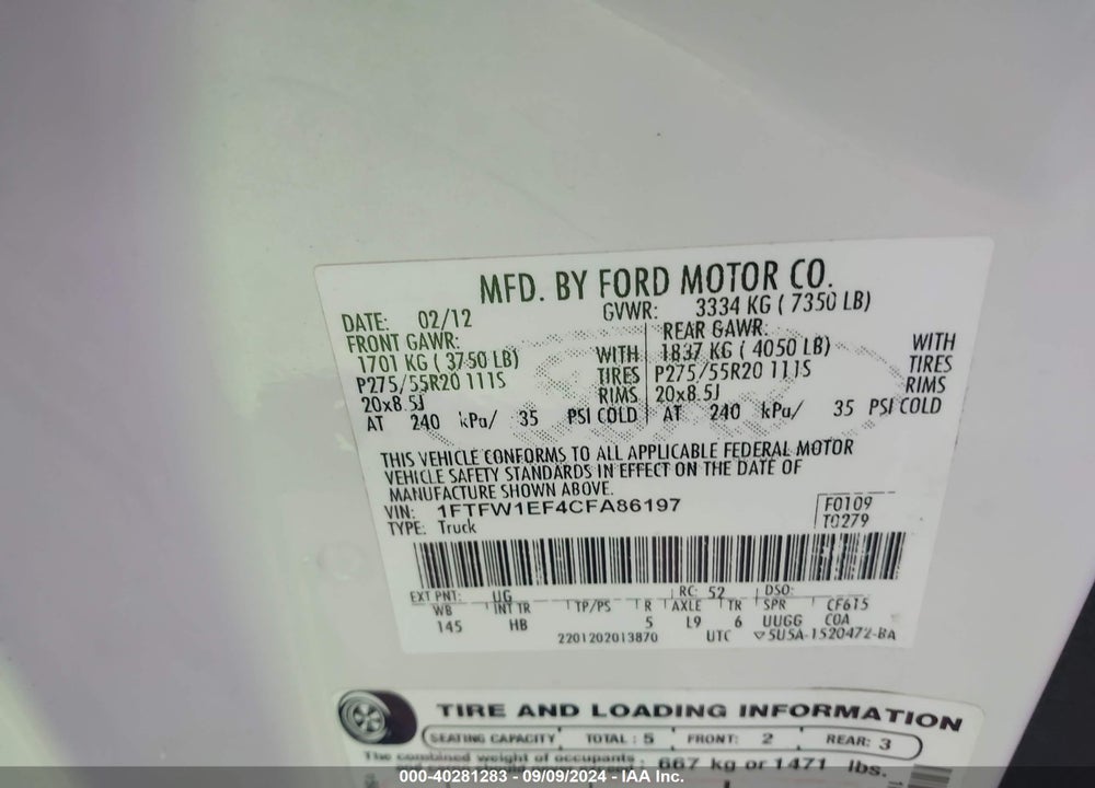 2012 FORD F-150 LARIAT VIN: 1FTFW1EF4CFA86197