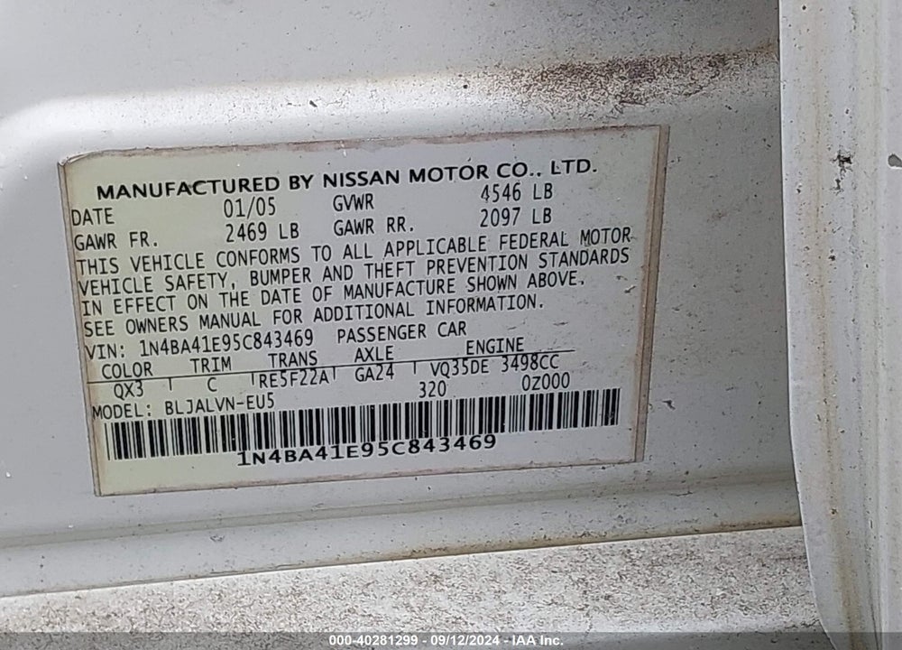 2005 NISSAN MAXIMA 3.5 SL VIN: 1N4BA41E95C843469