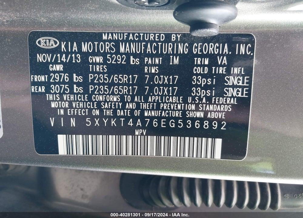 2014 KIA SORENTO LX V6 VIN: 5XYKT4A76EG536892
