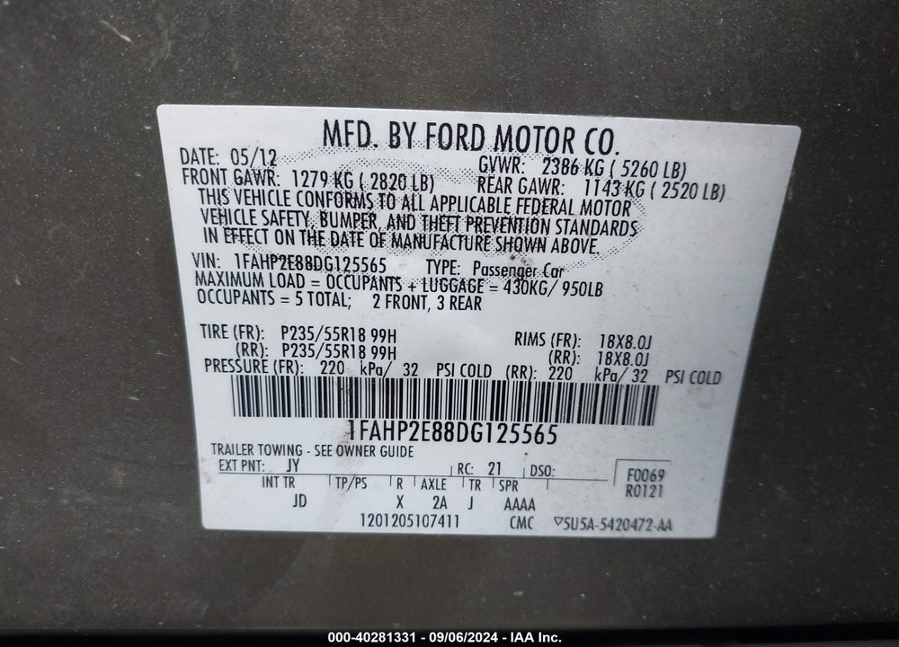 2013 FORD TAURUS SEL VIN: 1FAHP2E88DG125565