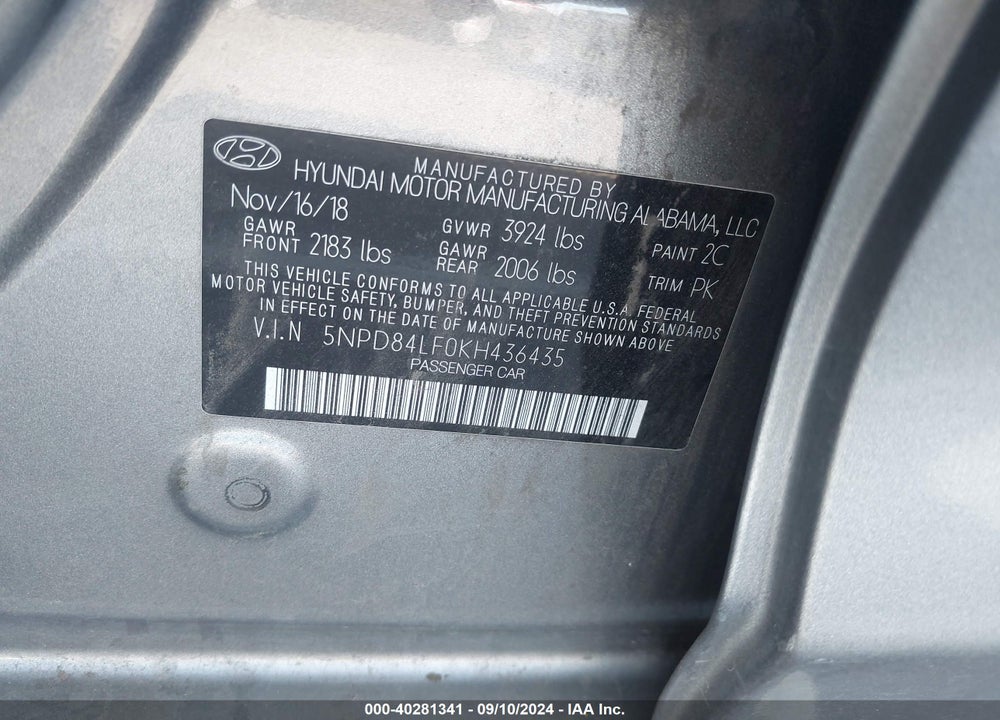 2019 HYUNDAI ELANTRA SEL VIN: 5NPD84LF0KH436435
