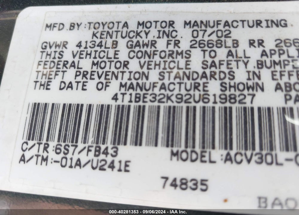 2002 TOYOTA CAMRY LE VIN: 4T1BE32K92U619827