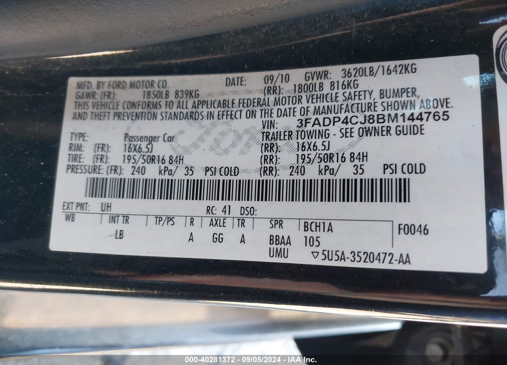 2011 FORD FIESTA SEL VIN: 3FADP4CJ8BM144765