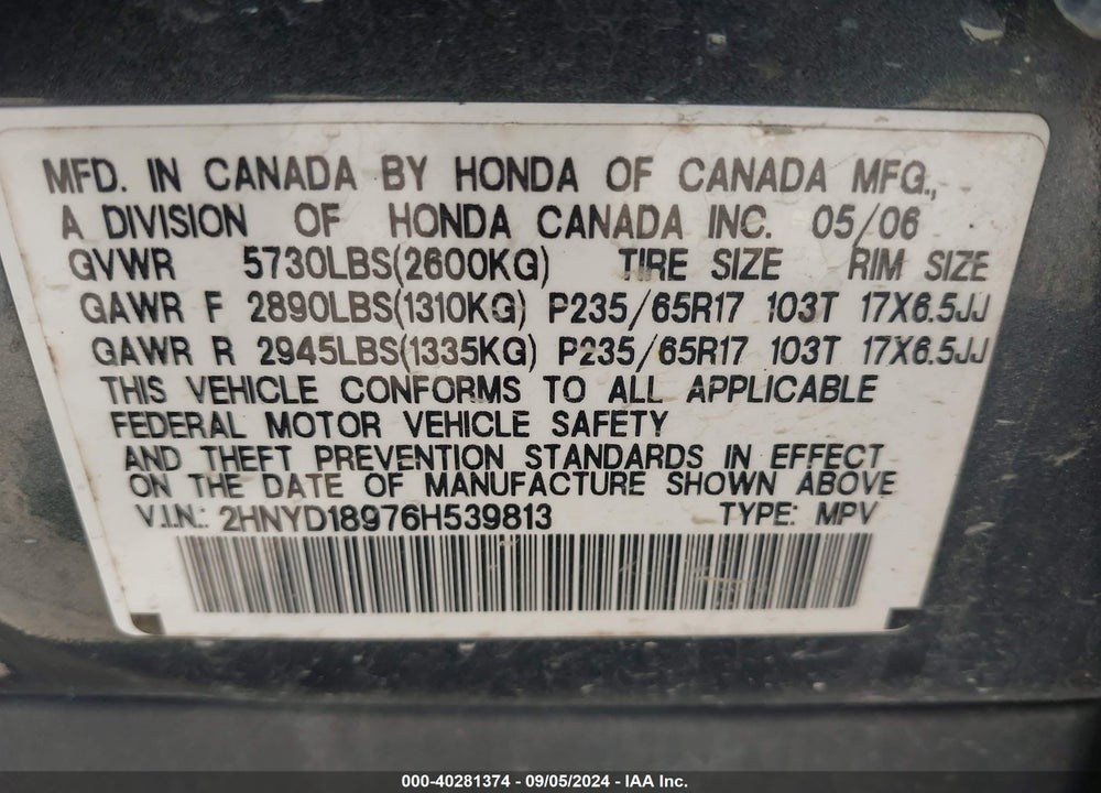 2006 ACURA MDX VIN: 2HNYD18976H539813