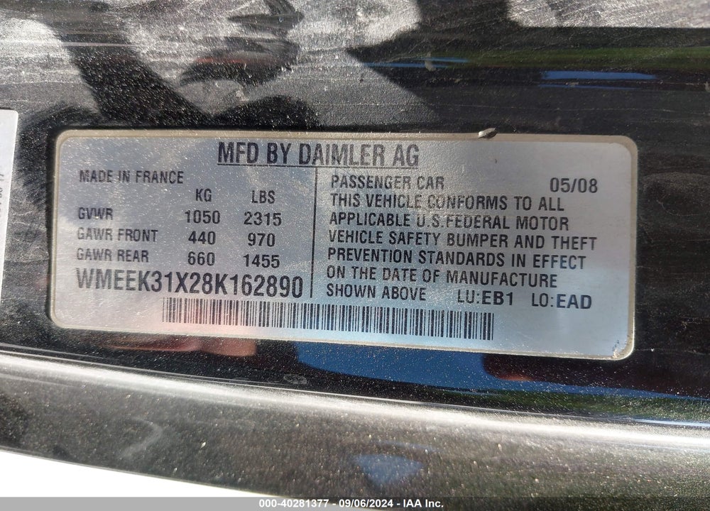 2008 SMART FORTWO PASSION VIN: WMEEK31X28K162890