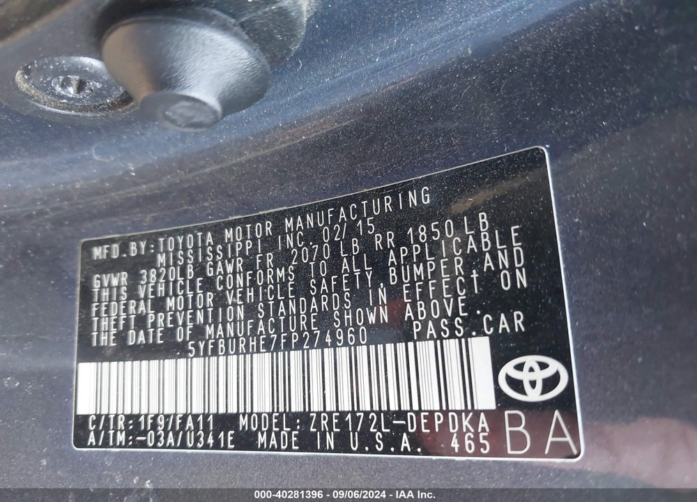 2015 TOYOTA COROLLA L VIN: 5YFBURHE7FP274960