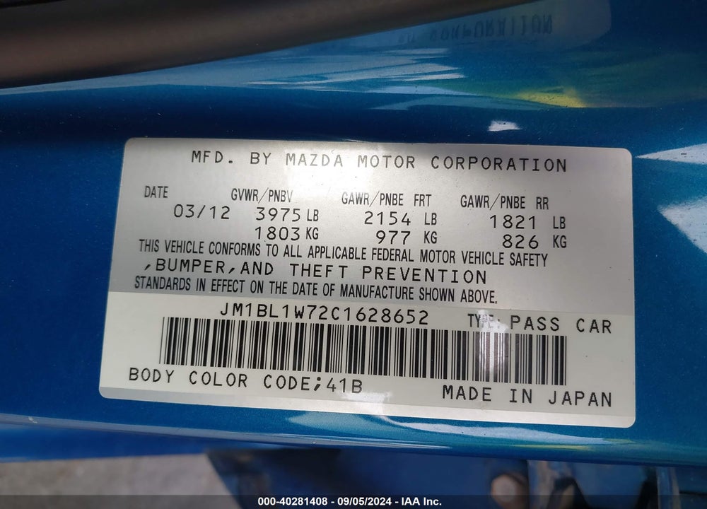 2012 MAZDA MAZDA3 VIN: JM1BL1W72C1628652