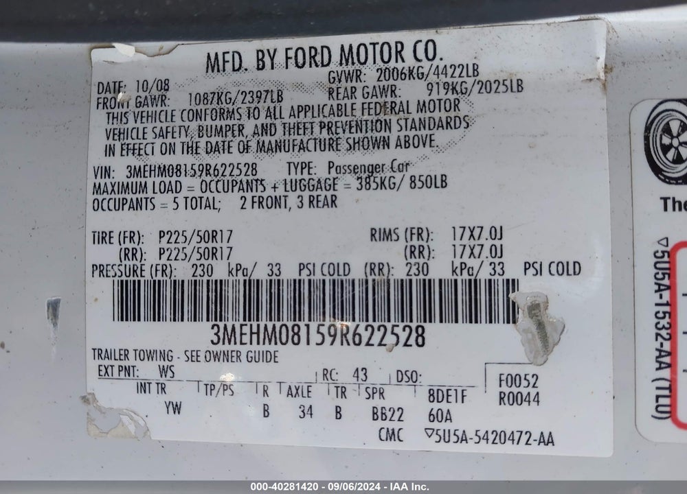 2009 MERCURY MILAN V6 PREMIER VIN: 3MEHM08159R622528