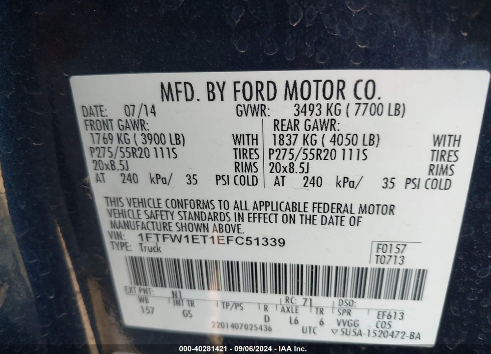 2014 FORD F-150 XLT VIN: 1FTFW1ET1EFC51339