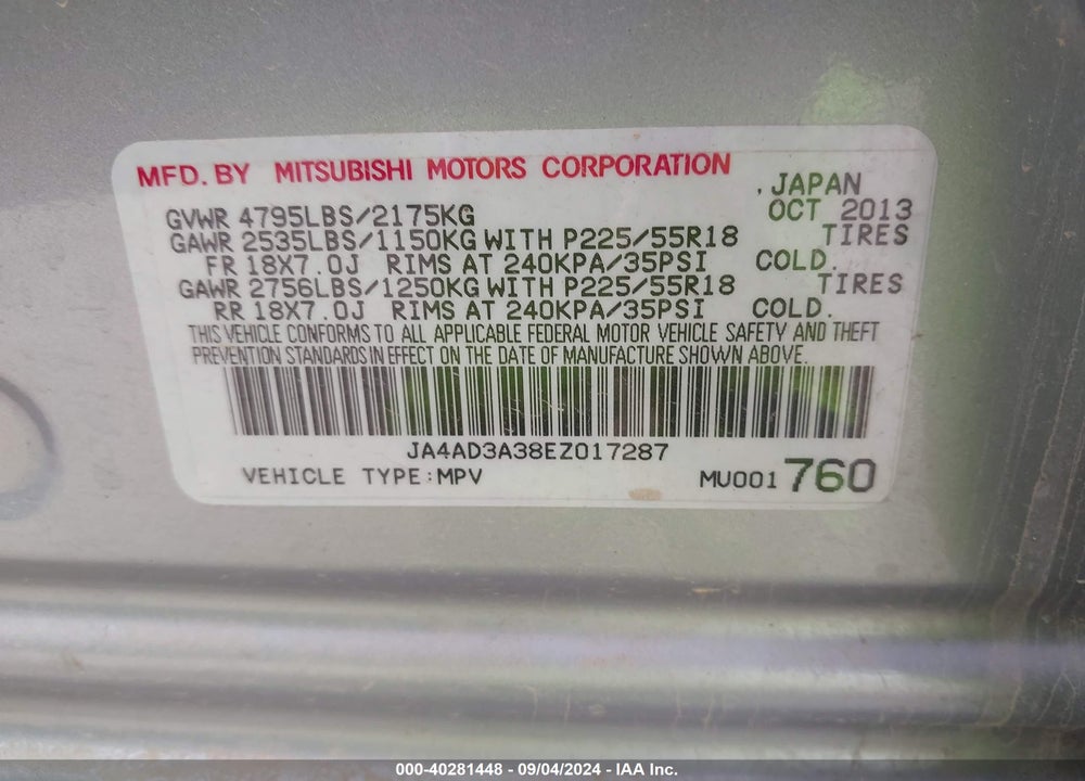 2014 MITSUBISHI OUTLANDER VIN: JA4AD3A38EZ017287