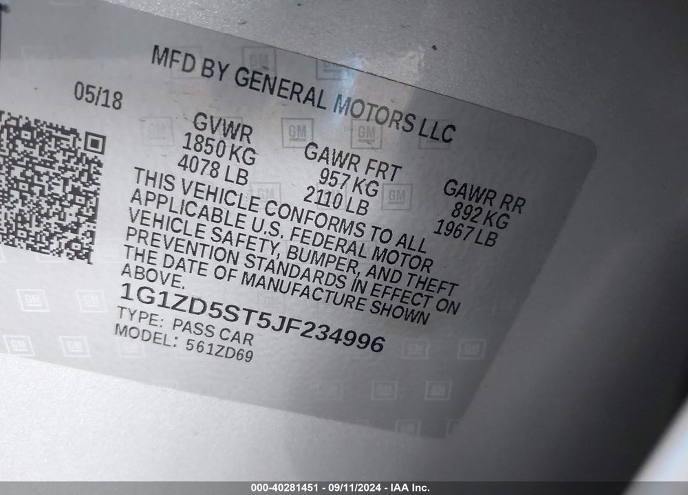 2018 CHEVROLET MALIBU LT VIN: 1G1ZD5ST5JF234996