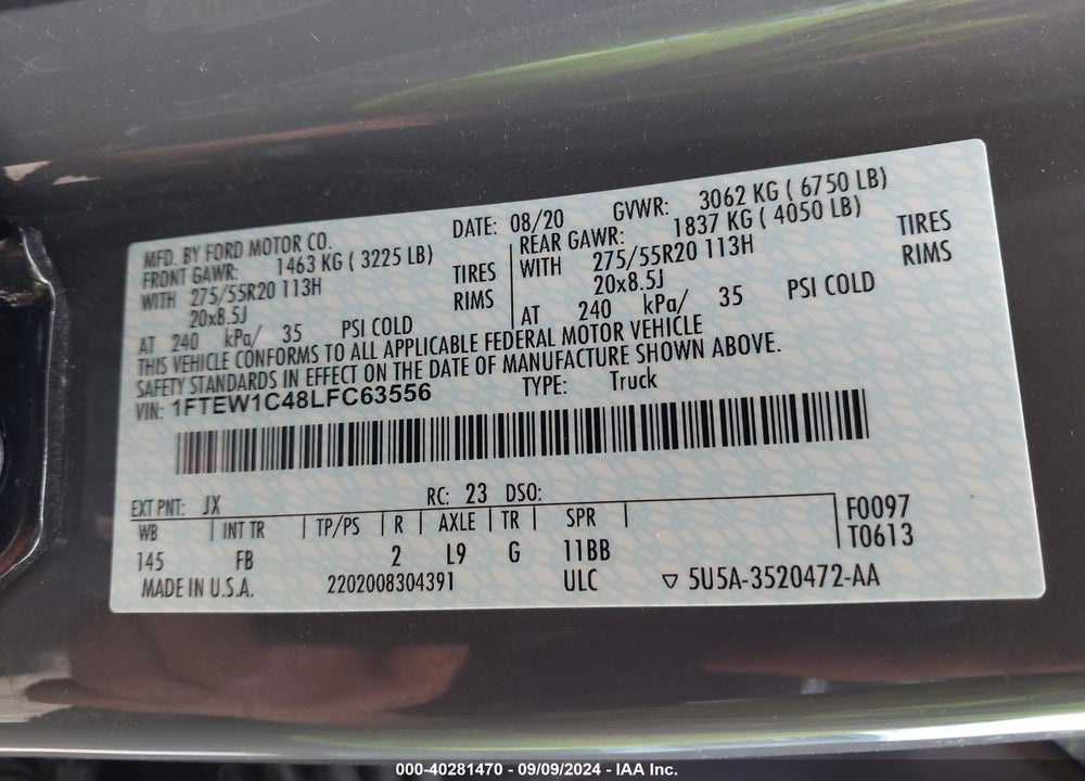 2020 FORD F-150 XLT VIN: 1FTEW1C48LFC63556