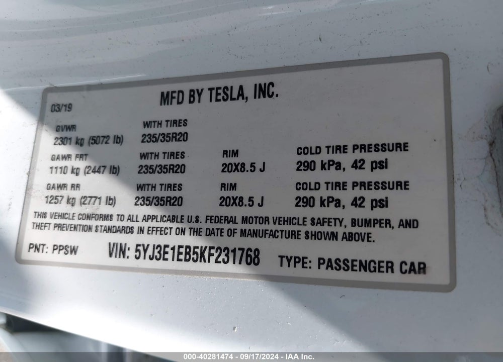 2019 TESLA MODEL 3 VIN: 5YJ3E1EB5KF231768