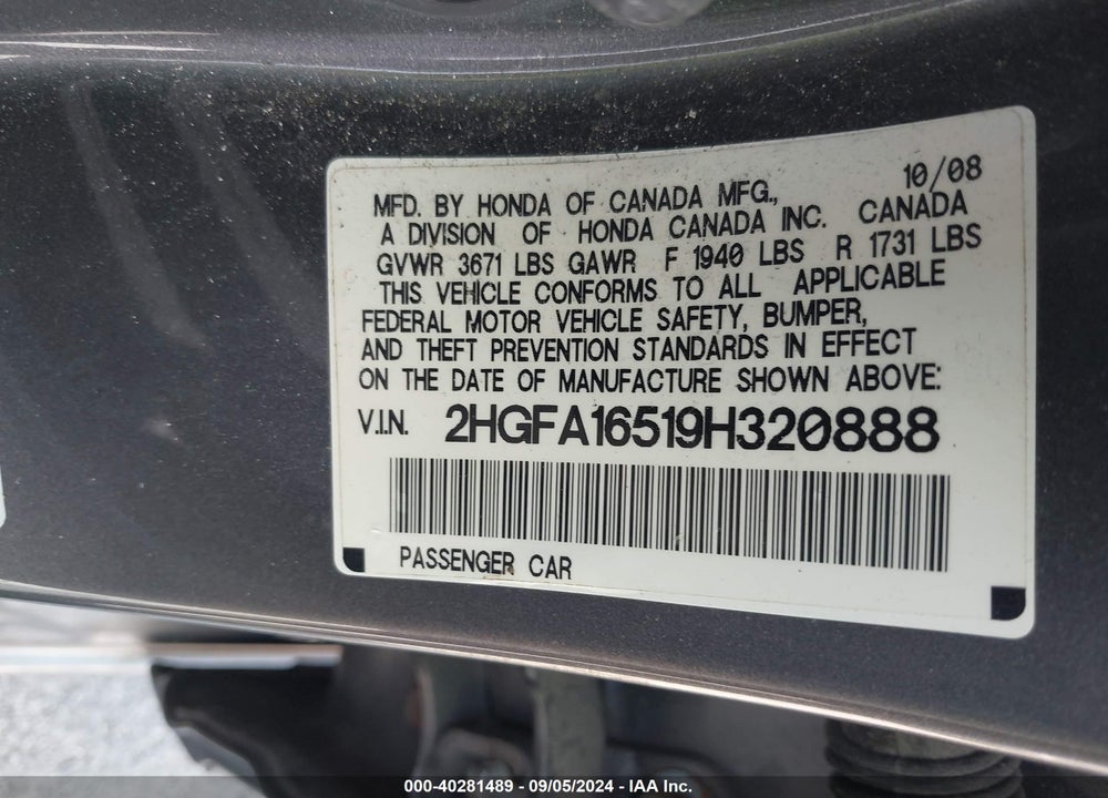 2009 HONDA CIVIC LX VIN: 2HGFA16519H320888