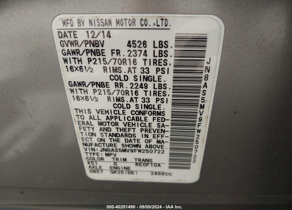 2015 NISSAN ROGUE SELECT S VIN: JN8AS5MV9FW250722