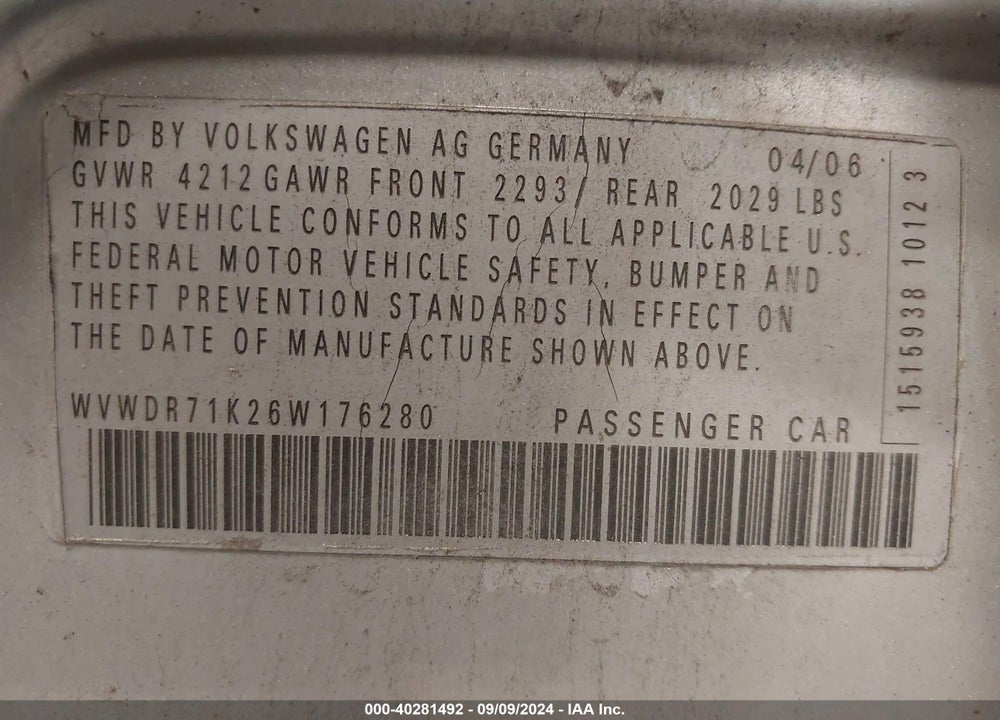 2006 VOLKSWAGEN RABBIT 4-DOOR VIN: WVWDR71K26W176280