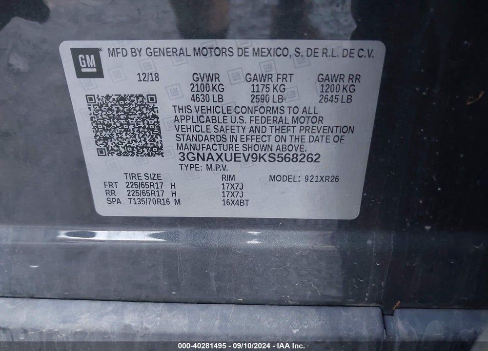 2019 CHEVROLET EQUINOX LT VIN: 3GNAXUEV9KS568262